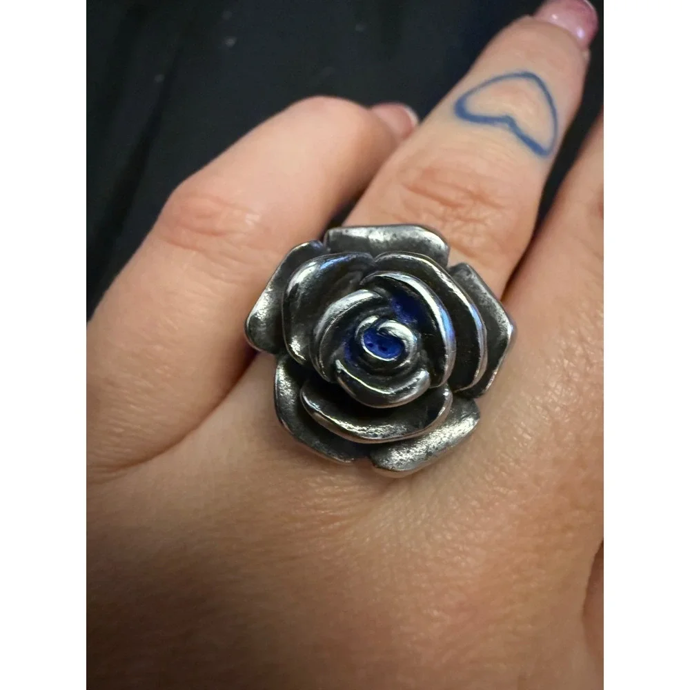 Spikes Stainless Steel Blue Center Rose Statement Ring Silver Tone Size 7